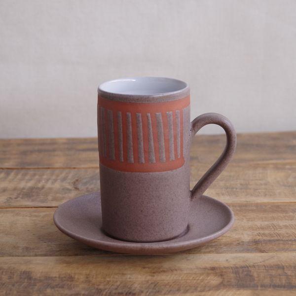 ウェルハウスポタリー コーヒーカップ ソーサー グレージュ ストライプ 縞柄 Wellhouse Pottery #240203-1~4 【海外直輸入中古品】