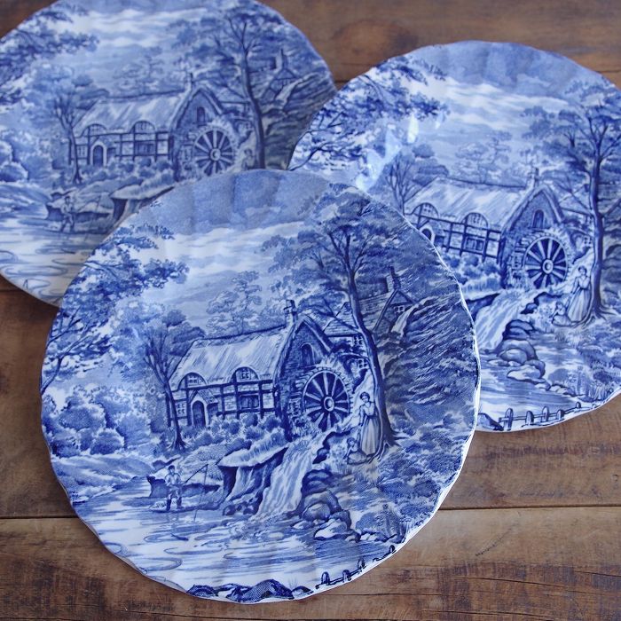 【SALE】3枚セット アルフレッド・ミーキン ザ ミル ブルー デザートプレート ケーキ皿 17cm Alfred Meakin The Mill #250906 【海外直輸入中古品】