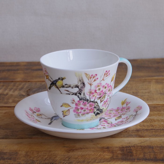 クィーンアン シャングリラ 花柄 鳥 コーヒーカップ＆ソーサー Queen Anne Shangli-la #250520-5,6 【海外直輸入中古品】