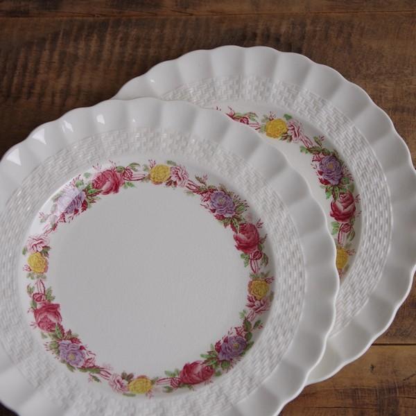 2枚セット ペア スポード ケーキ皿 ピンク 薔薇 花柄 デザートプレート 中皿 20cm #210904-2 イギリス アンティーク 食器 陶器 レトロ 【海外直輸入中古品】