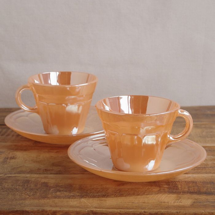 2客セット テルモクリサ Termocrisa ピーチラスター ティーカップ＆ソーサー オレンジ ガラス 食器 メキシコ製 #250625-1~8【海外直輸入中古品】