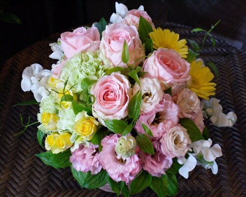 楽天市場 パステルカラーナチュラルアレンジ 生花 アレンジメント 淡い色合い パステルカラー やさしい色合い ナチュラル 自然 出産祝い お祝い 新宿四谷 花屋シャムロック 楽天市場 Flower Shop シャムロック