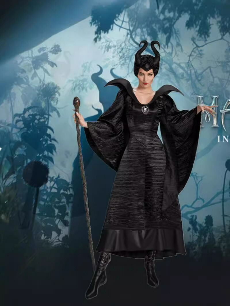 【 送料無料 】 魔女　悪役　プリンセス　マレフィセント　眠れる森の美女　オーロラ姫　長袖　コスプレ　ドレス　婦人服　レディース　コスチューム　ロング　ワンピース　衣装　仮装　セクシー　お嬢様　大人　パーティー　ウィッチ　映画　カチューシャ　セット画像