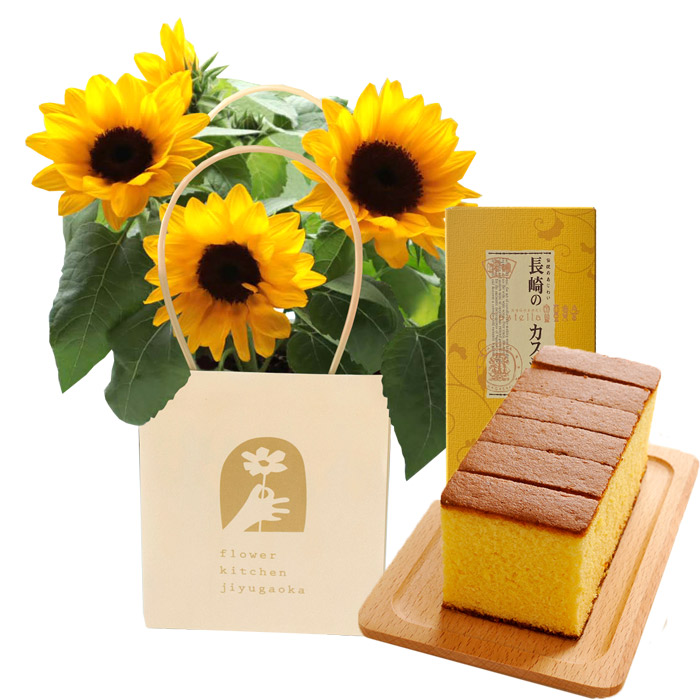 バッグ付きひまわり鉢とカステラ