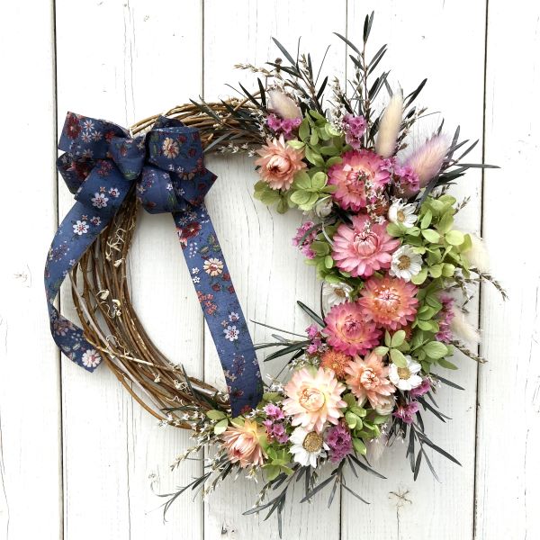 ハーフリース◇ナチュラル◇ドライフラワーリース 直径約30cm】大きなホワイトハーフムーンリース ◇ ドライ