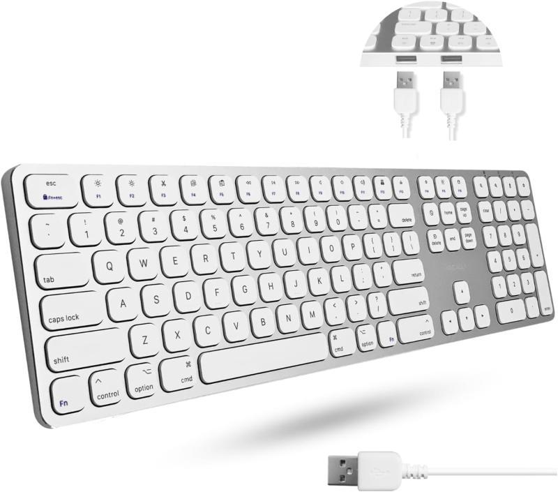 MACALLY プレミアム有線 Mac キーボード (テンキーと 2 ポートハブ付き)- 互換性ある 有線 Mac Mini/Pro、iMac、MacBook Pro/Air対応 (シルバーアルミニウム)(MLUXKEYA)US配列(英語配列)