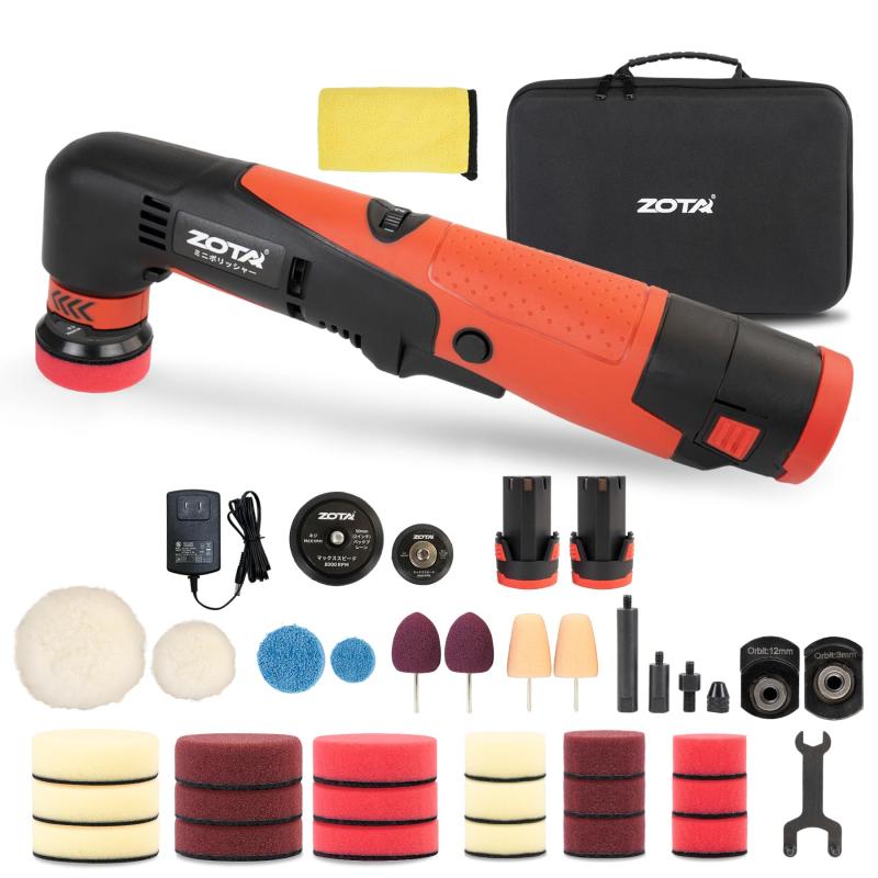 ZOTA ミニポリッシャー，30mm/50mmダブルアクション ポリッシャー コードレス 2800~4500rpm 六段階スピード調整 ダブルアクション/シングル切替 12V 2.0Ahバッテリー2個付属 PSE認証 充電式 収納バッ｜NewageOfficeflowing