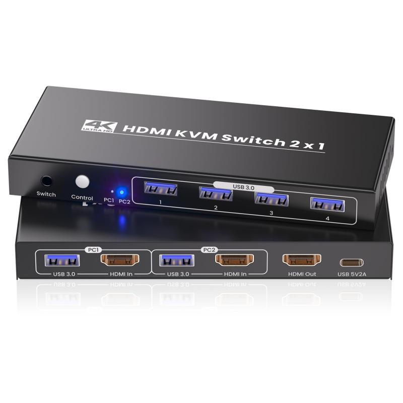 2ポート HDMI KVMスイッチ、USB 3.0 4K@60Hz KVM切替器 1台のモニター、2台のPCで2台のコンピューターを共有 1台のモニターと1セットのキーボード・マウス、周辺機器用の4つのUSB 3.0ポート