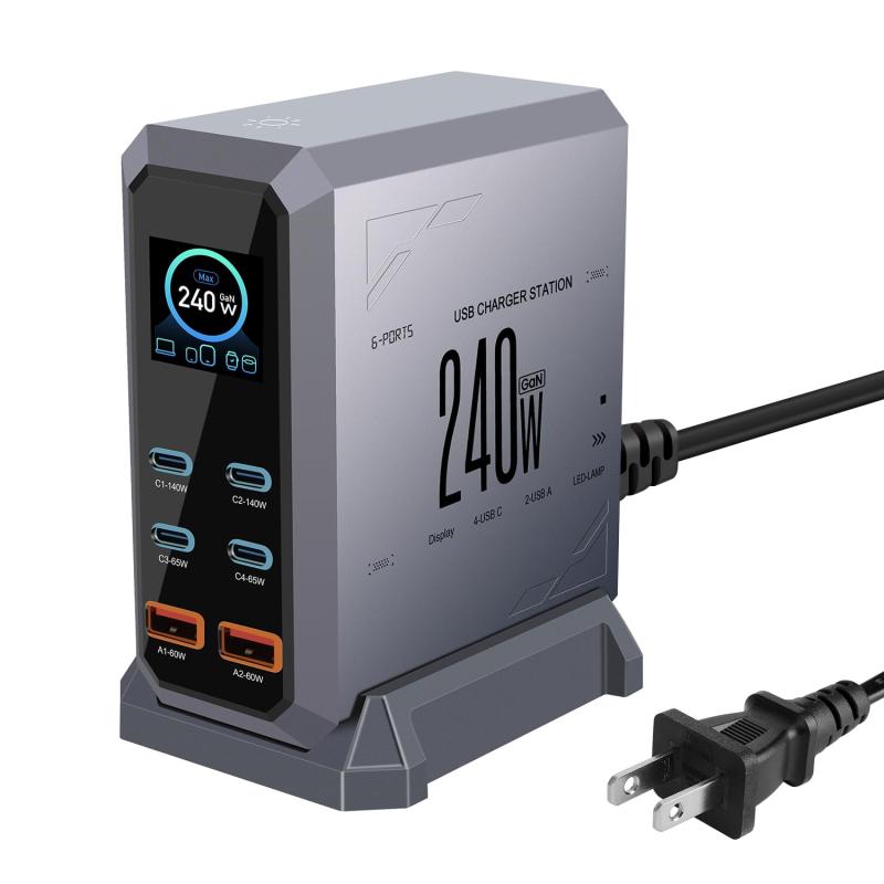 充電器 240W pd 充電器 USB コンセント「単ポート140W/PD3.1、PPS対応/ディスプレイ搭載」6ポート同時充電 4USB-C&2USB-A GaNFastIIIチップ PSE認証 ノートPC、タブレット、スマホ急速充電器 Mac
