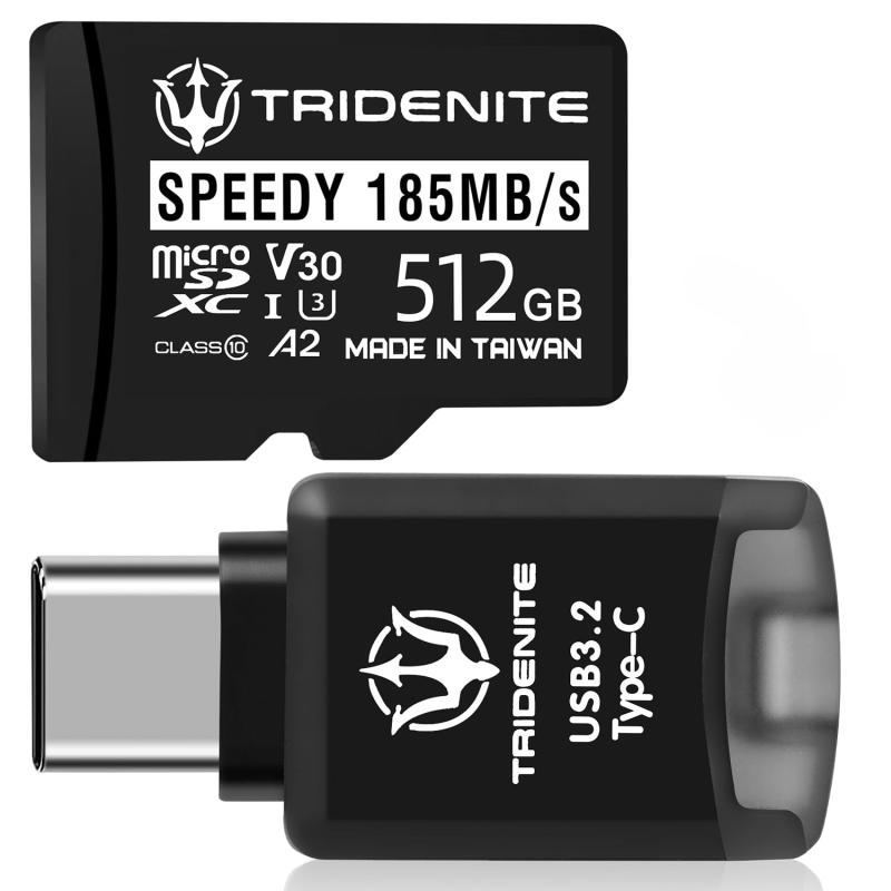 TRIDENITE 185MB/s SPEEDY 512GB microSDカード付 iPhone 17/16/15用 カードリーダー USB 3.2 Type-C DDR200 超軽量 小型OTG 外付けメモリ アダプタ セット TCRS-M32C51