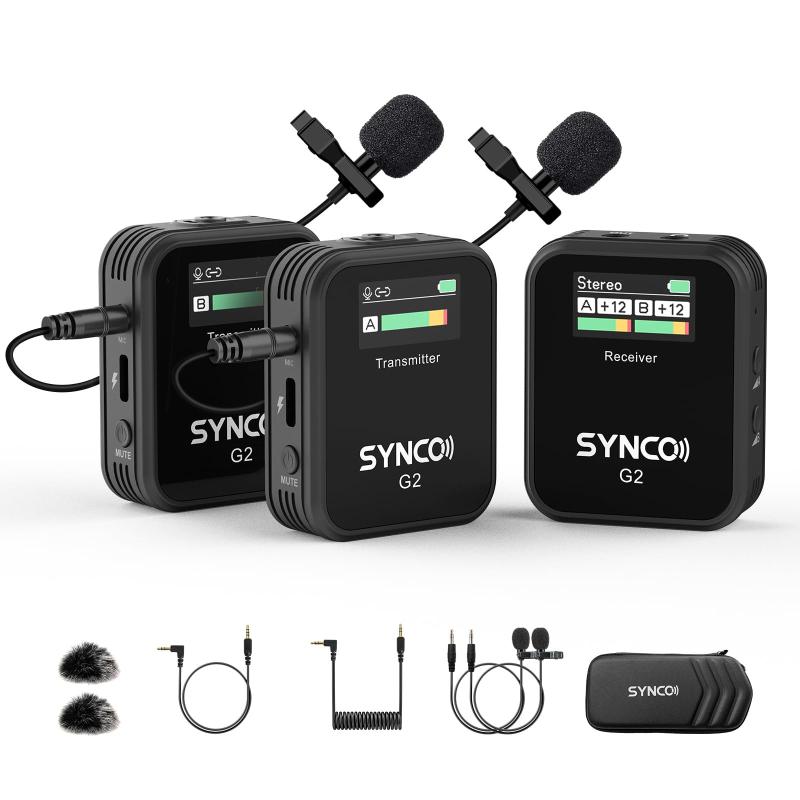 SYNCO G2(A2)ピンマイクワイヤレス, 2人同時録音 ノイズキャンセリング 3.5mm/Type-C出力 長時間利用 200m伝送距離 小型軽量 Vlog撮影/インタビュー/YouTube動画制作/一眼レフカメラ/ビデオカメラ/スマ｜フローイングgt