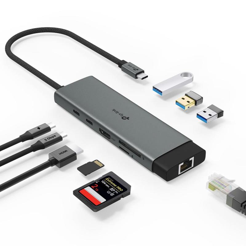 TP-Link 9ポートType-C USBハブ 4K 60Hz HDMI, 1Gbpsイーサネット, SD & microSD UHS-I、USB-C 3x, USB-A 100W急速充電 安定した接続 プラグ&プレイUH9120C