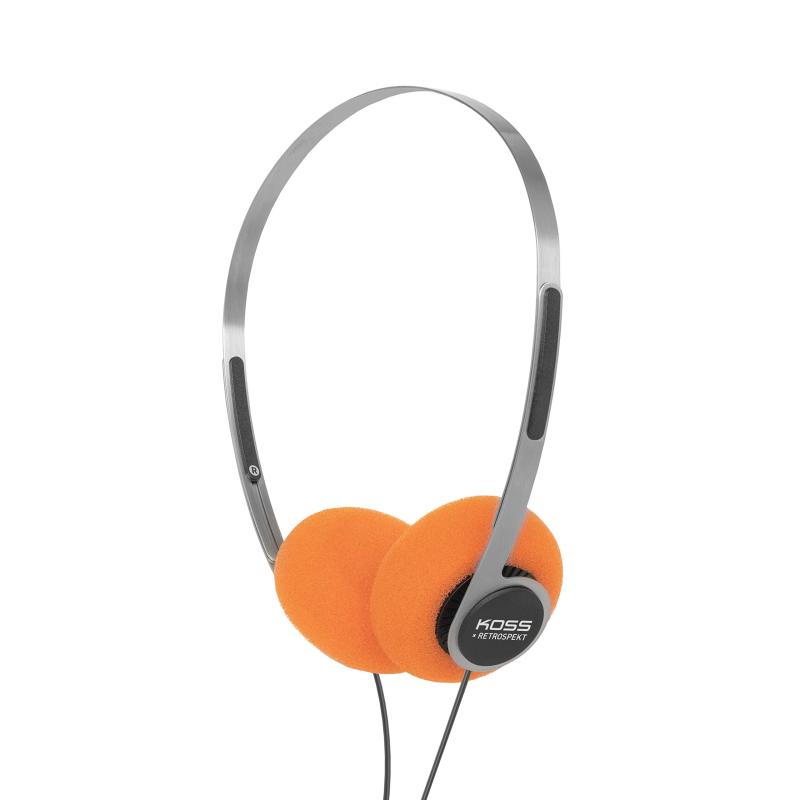 Koss x Retrospekt P/21 レトロオンイヤーヘッドホン、レトロオレンジフォーム、調節可能なヘッドバンド、有線3.5mmプラグ、オレンジブラック、シルバー。