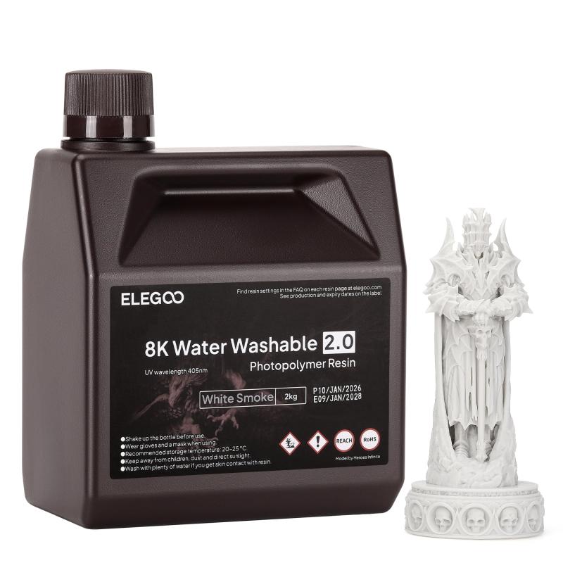 ELEGOO 水洗いする能力のあるレジン2.0 光形成3Dプリンターレジン 2000g 低締め付ける 高的確さ 高耐久性 LCD/DLP/SLA脂印刷機用弾丸道路固くなるフォトポリマー脂 395-405航空マイル UV固くなる3Dレジン ホワイトスモーク