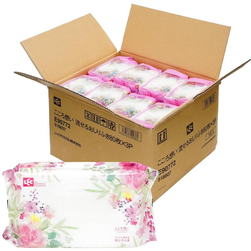レック(LEC) こころ想い 大人用 トイレに流せる おしりふき 80枚入×48個 (3840枚) ケース品/丈夫なシートでしっかり拭ける/日本製/無香料/ヒアルロン酸配合
