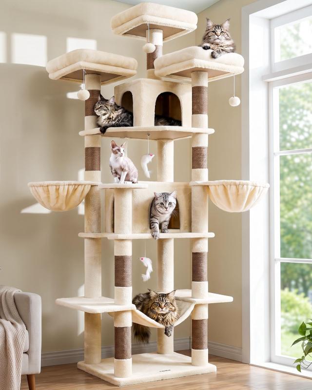 Globlazer キャットタワー ラグジュアリー 高さ204cm 多頭飼い 据え置き型 多機能 猫タワー キャットハウス2つ 取り外し可能な展望台3つ 特大ハンモック と柔らかく快適な吊り下げバスケット2|フローイングgt