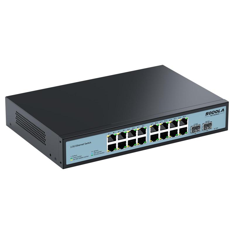 Sodola 2.5gbps スイッチングハブ 18ポート（16x2.5G RJ45と2x10G SFP+）搭載 静音ファンレス設計 非管理型スイッチ 金属製ケース 即座に接続可能 1Uラックマウント対応