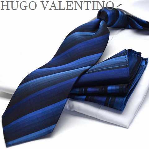 ネクタイ ギフト プレゼント バレンタイン 父の日 卒業式 入学式 就活 仮装 コスプレ ポケットチーフ HUGO VALENTINO　(8cm幅) ブルー ストライプ　cpn-h-71