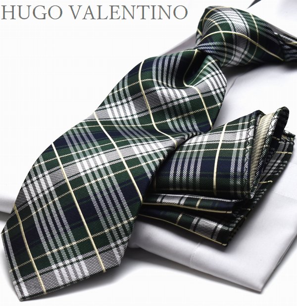 ネクタイ ギフト プレゼント バレンタイン 父の日 卒業式 入学式 就活 仮装 コスプレ HUGO VALENTINO(8cm幅) グリーン チエック cpn-h-270