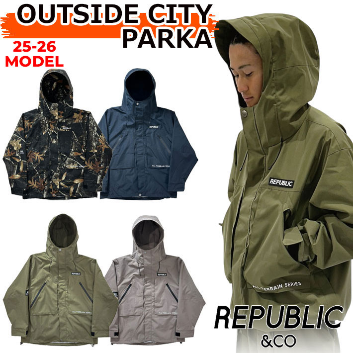25-26 民主政治 REPUBLIC \u0026 CO 御召しもの OUTSIDE CITY PARKA スノーボード アウトサイドシティパーカー 上衣 メンズ レディース スノーボード御召しもの スノーウェアー アウトドア 難民キャンプ 魚釣り 滑るゲーム盤 2025 2026 日本定まり品【即】