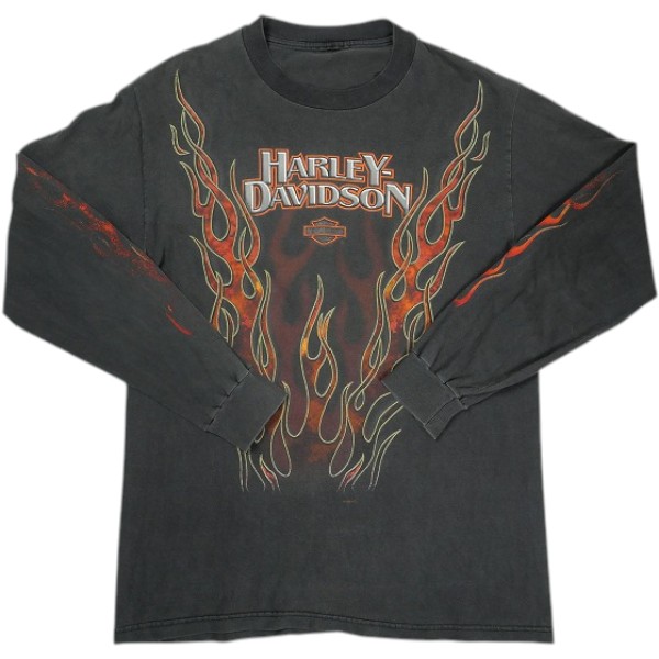 VINTAGE ヴィンテージ Harley-Davidson ハーレーダビッドソン Red V Flame LS TeeロンT 黒 Size 【M好いかげんに】 【中古品-似つかわしい】 30008016