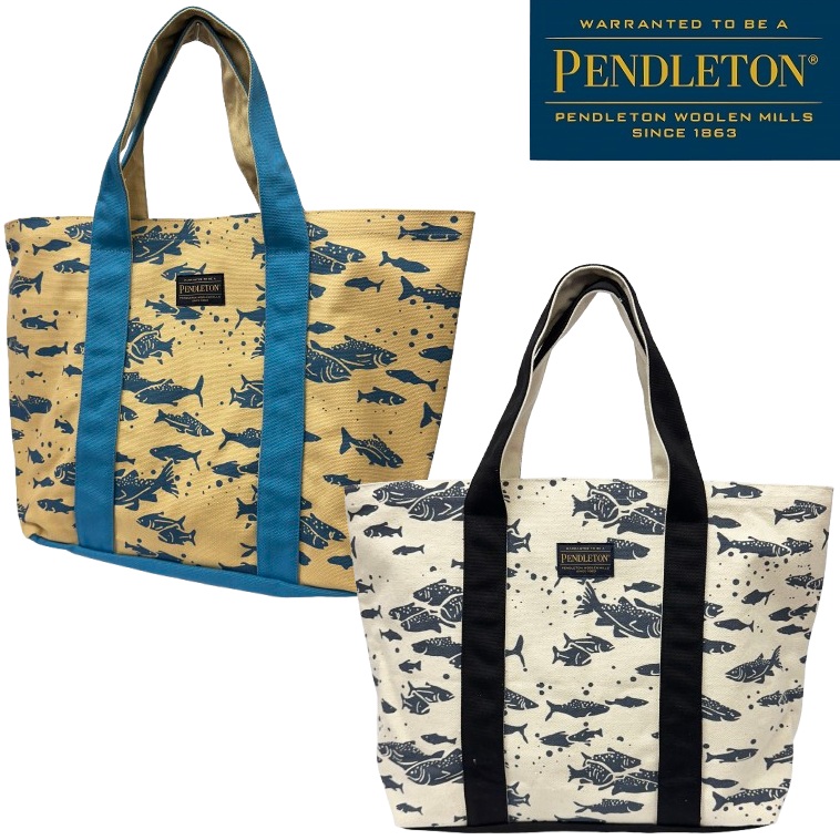 【送料無料】PENDLETON ペンドルトン Salmon CANVAS LARGE TOTE（サーモンキャンバスラージトート）遊び心あふれる「Salmon Falls柄」を丈夫なキャンバス地にプリントしたトートバッグ お買い物や旅行フェスなど バッグの内側には小物の整理に便利なポケット有りトートバッグ