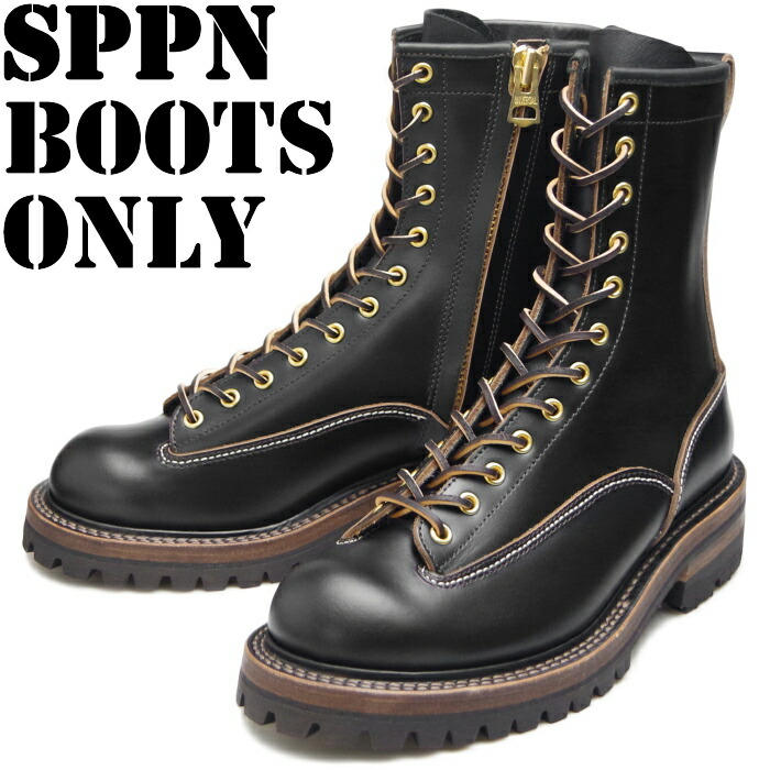 【お買い物マラソンポイント最大10倍】 SPPN BOOTS スッピン SP-08L ブラック 8-INCH LACE TO TOE BOOTS 8インチ レーストゥトゥブーツ ワークブーツ 本革 メンズ ラインマンブーツ レースアップ 茶芯 ヴィンテージ アウトドア キャンプ 日本製 送料無料|上野アメ横 靴店 フットモンキー