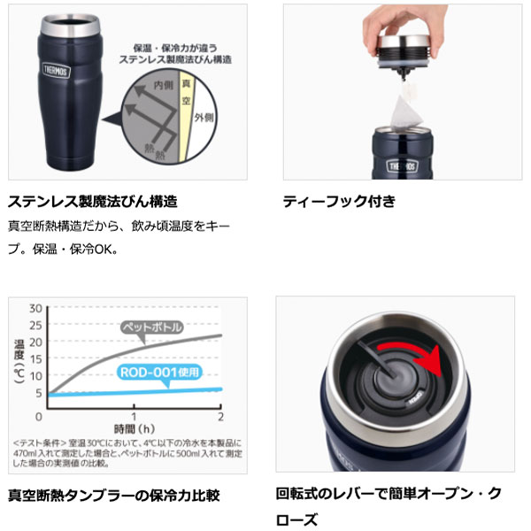 楽天市場 真空断熱タンブラー サーモス Thermos Rod 001 真空断熱構造 保温 保冷 結露しにくい ステンレス 魔法びん ティーフック 回転式レバー フットワン Footone