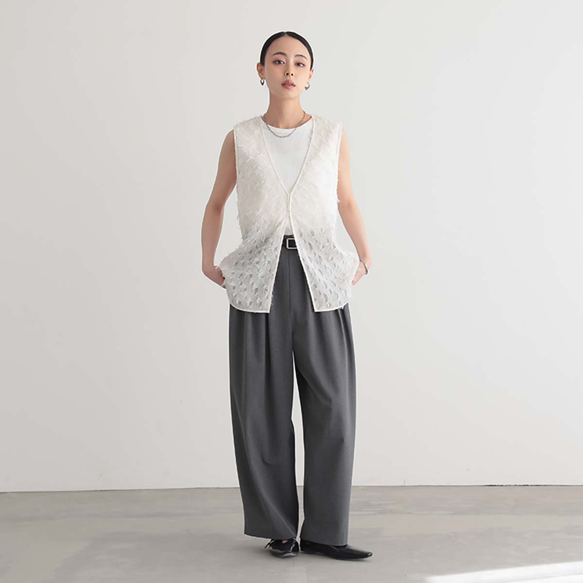 yuki×for/cコラボ】ジャガードジレ 透け感 ノースリーブ ミドル