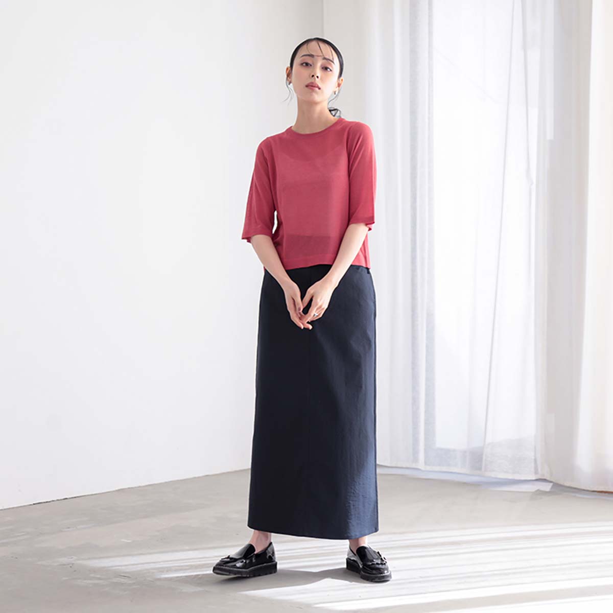 エブール ニット シアーコットンアセテート ワイドリブ カットソー 半袖 Ladies】5分袖 シアー ニットTシャツ – 子供服通販の ever closet