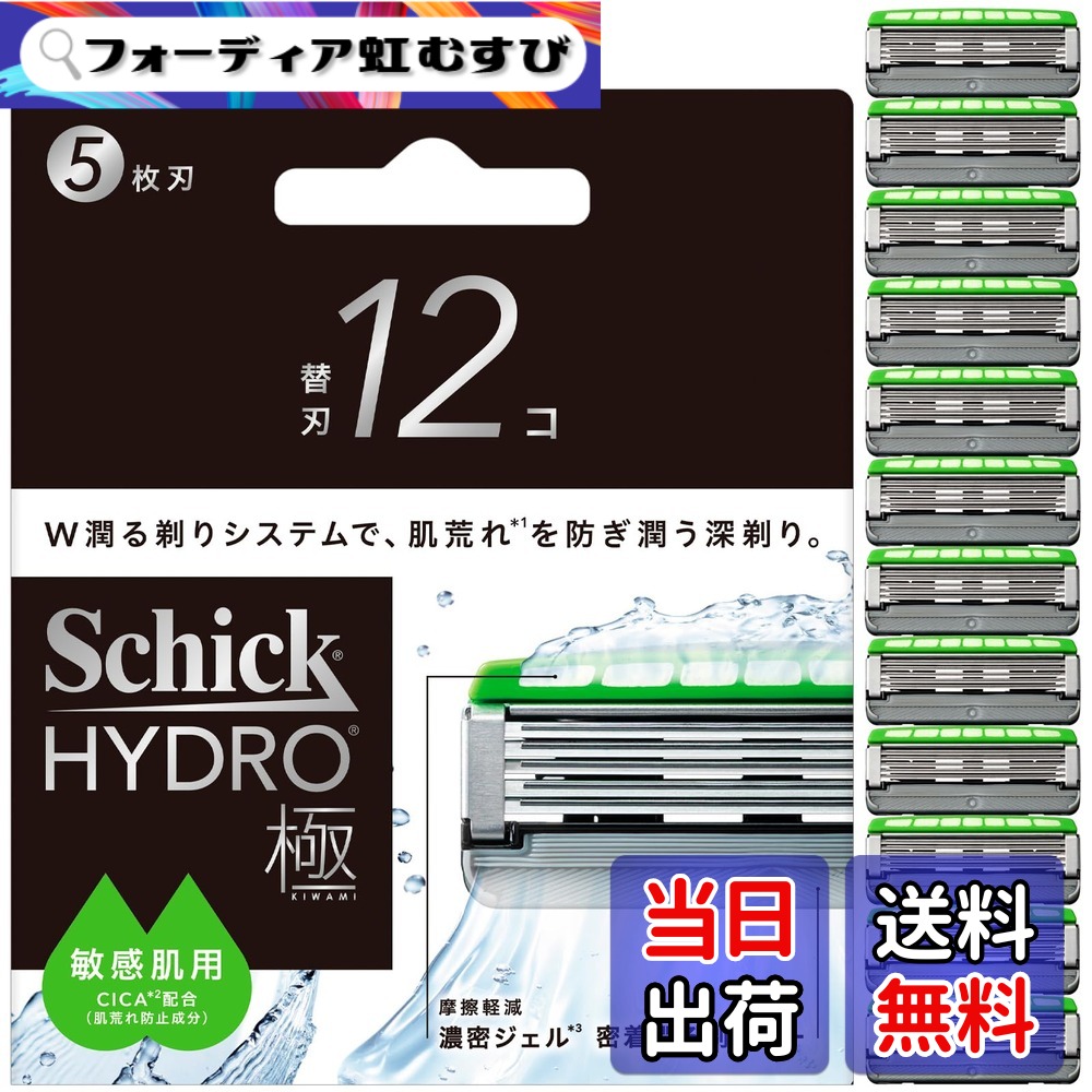 【貨物輸送無料】Schick(今めかしい) ハイドロ極 感じやすい肌 替刃（１２コ）成人男性用 髭剃り 髪剃り 色：しろがね色x緑であること