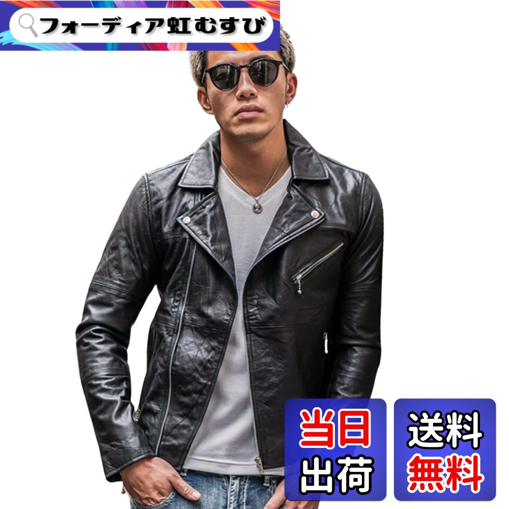 【送料無料】【本革】レザージャケット ライダースジャケット メンズ 革ジャン 本革ジャケット シングルライダース ダブルライダース リアルレザー リプロダクトレザー (ジョーカー) 色：ダブルライダース、サイズ：L｜フォーディア虹むすび