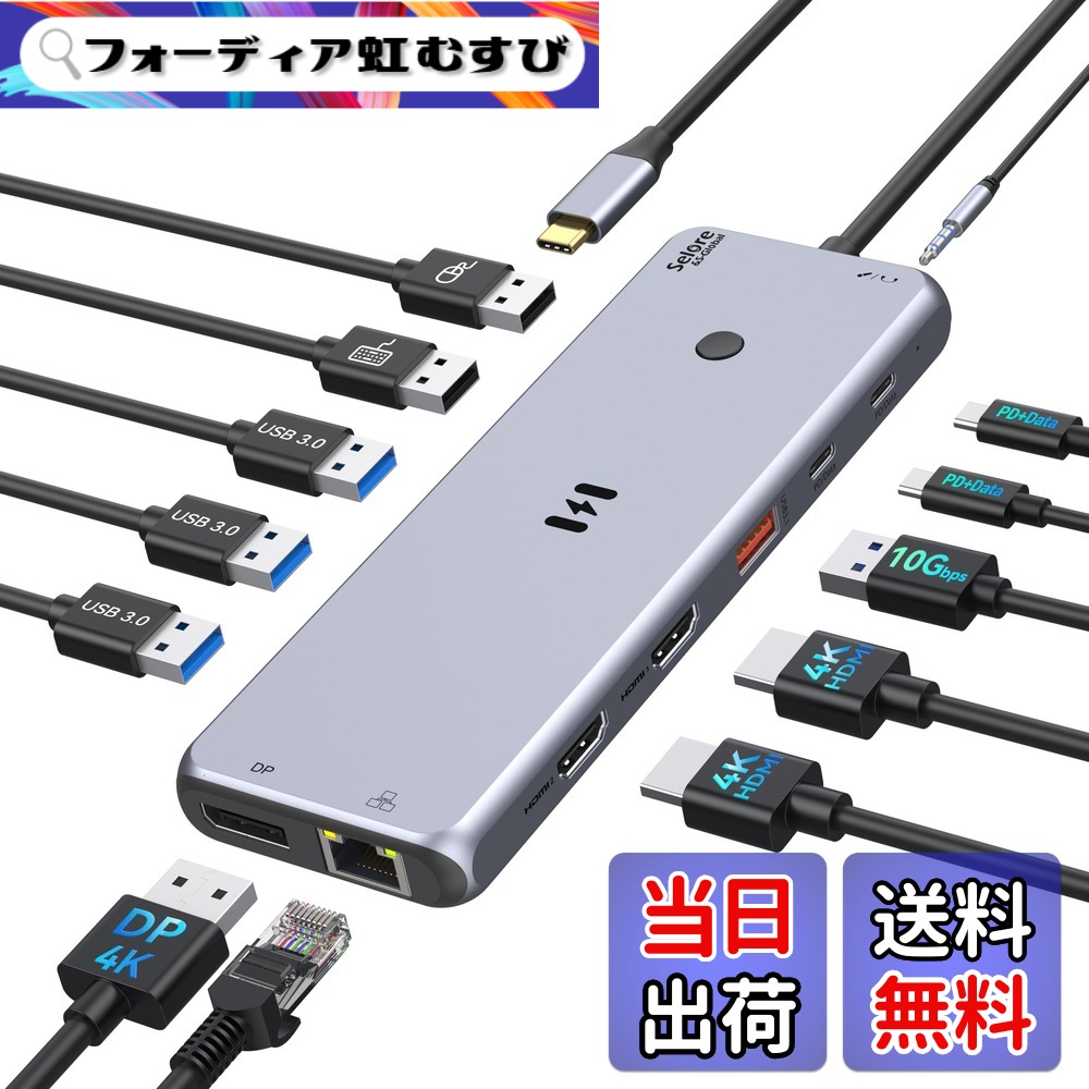 【送料無料】USB C ハブ ドッキングステーション hdmi 2ポート 4画面拡張可能 4K対応 100W 急速充電 Displayport VGA 2 USB A 2.0 MacBook Pro/Air 2020 Dell XPS 13/15 Lenovo Yoga HPなどタイプC機種に対応 色：シルバー、サイズ：13in1