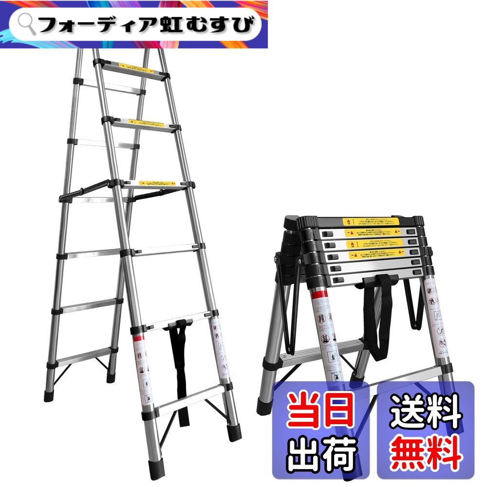 【送料無料】DayPlus伸縮はしご兼用脚立 伸縮梯子安全ロック付き 耐荷重150kg 持ち運びやすい 折り畳み 伸縮アルミはしご室内室外 屋根 倉庫 掃除 作業 … 色：アルミ、サイズ：2m+2m(6段+6段)