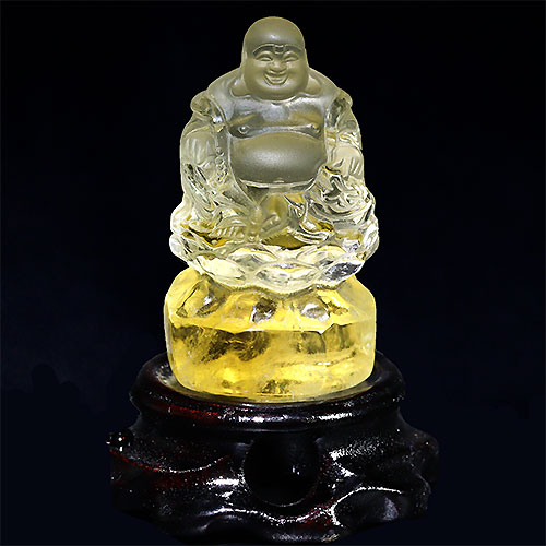 〔D433-12〕超透明 シトリン 布袋像 布袋様 布袋尊 彫刻 置物 台付き【メール便】