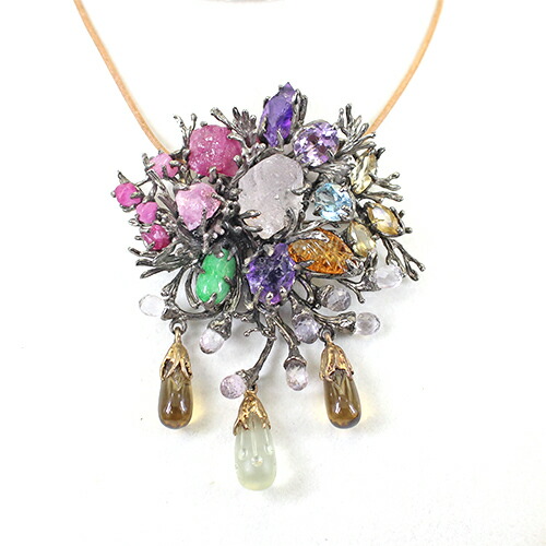 K18 十勝石・砂金石・貝モザイク ペンダントトップ/ブローチ