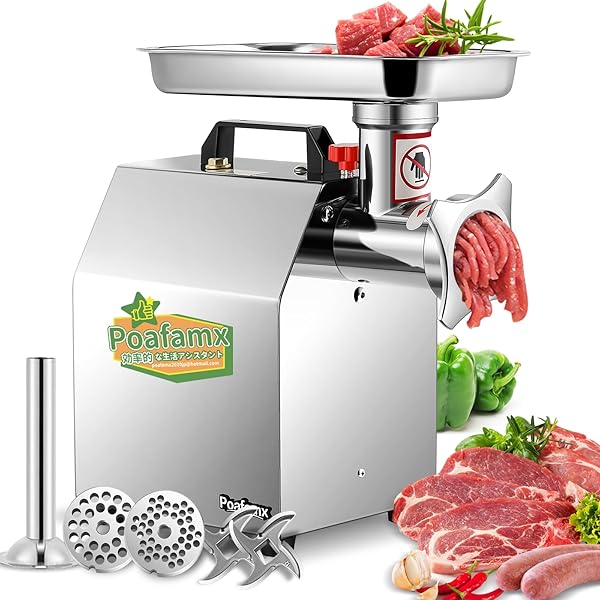 Poafamx 電動ミンサー ミンチ機 6粍/8粍刃付き添い人 200kg/h 肉ひき/蔬菜ひき/腸詰/未醤造営 ステンレス鋼製 （110v、950w）