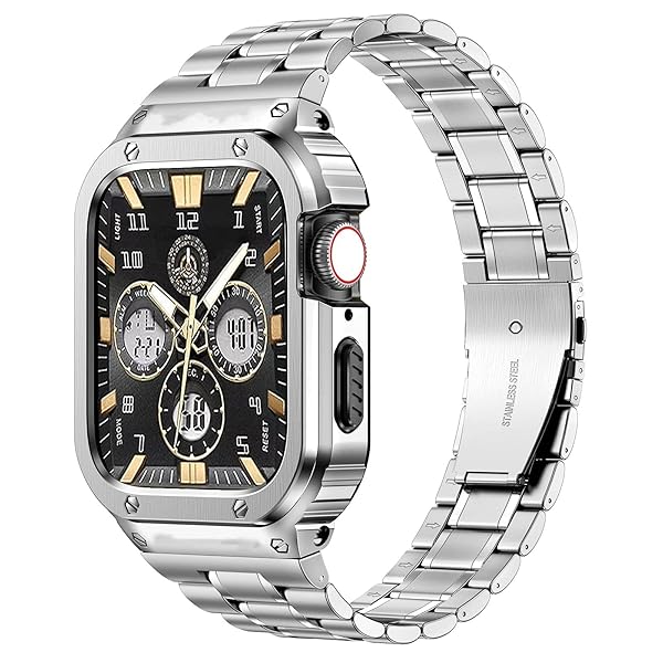 【送料無料】ステンレススティール製バンド、ケース互換性 Apple Watch Bands 45mm,金属製保護バンパーカバー付き頑丈なストラップ iWatch シリーズ 9/8/7 男性用. (シルバー)