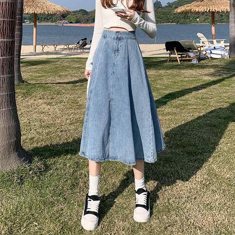 牛仔スカート 女性用 ミディ丈 Aライン ハイウエスト ゆったり 半身スカート デニム 軽量 無弾性 浅ブルー ディープブルー 日韓スタイル 甘め 清新 欧米向け 秋冬 復古風 洗い加工 ストレートシルエット 通勤用 普段使い デイリーコーデ 再生繊維
