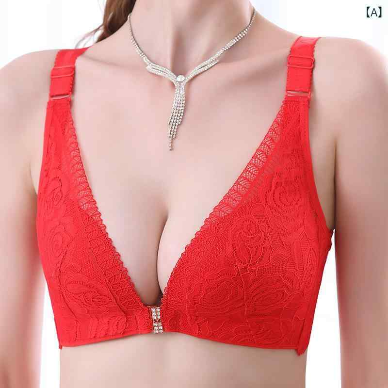 ブラジャー 大きいサイズ レディース レース 薄手 前ホック ノンワイヤー 3/4カップ 超薄型 ガータリング サイドサポート バストアップ 調整型 美背 無痕 透気性 快適 ポリエステル ナイロン 固定ストラップ 伝統スタイル 欧米風 赤 黒 グリーン