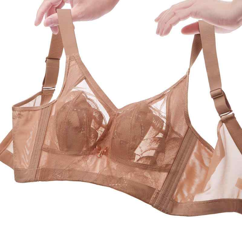 レディース ノンワイヤー ブラジャー 超薄型 ウサギ耳カップ レース ナイロン レイヨン 透気性 美背 快適 大胸用 縮胸効果 固定肩ストラップ 後ろ5段フック ブラウン ベージュ ブラック 春季 ハイエンドスタイル