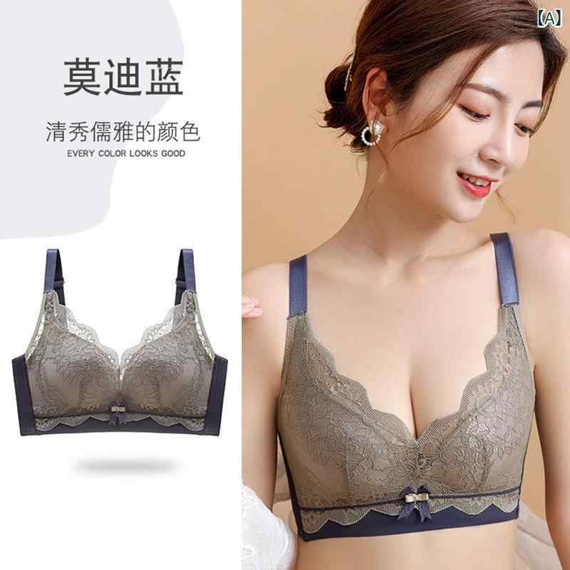 レディース ブラジャー 無鋼 ワイヤー 薄型 レース 3/4カップ 上薄下厚 寄せ 谷間メイク 副乳収集 サイドサポート 防下垂 乳膠 ニルロン ナイロン ストレッチ 快適 無痕 調整型 モディブルー 抹茶グリーン ブラック 桜花パープル 固定肩紐 後ろ