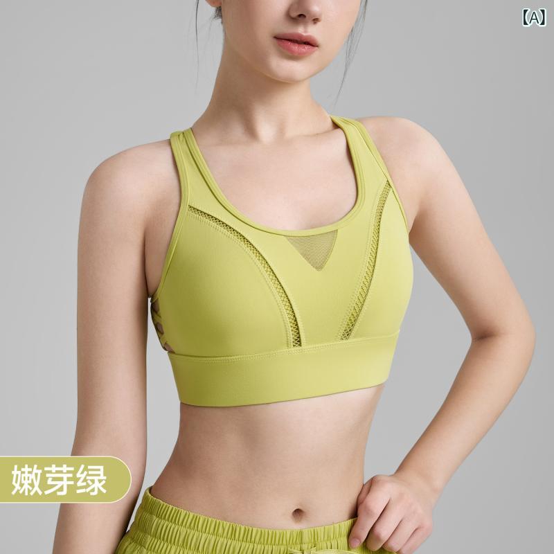 スポーツブラ 女性用 ヨガ フィットネス ワイヤレス 3/4カップ 固定肩ストラップ メッシュ透け 切り替えデザイン ニット混紡 吸湿速乾 通気性 軽量 バッククロス ランニング ジム 室内外 緑 赤 白 黒 S～XXXL