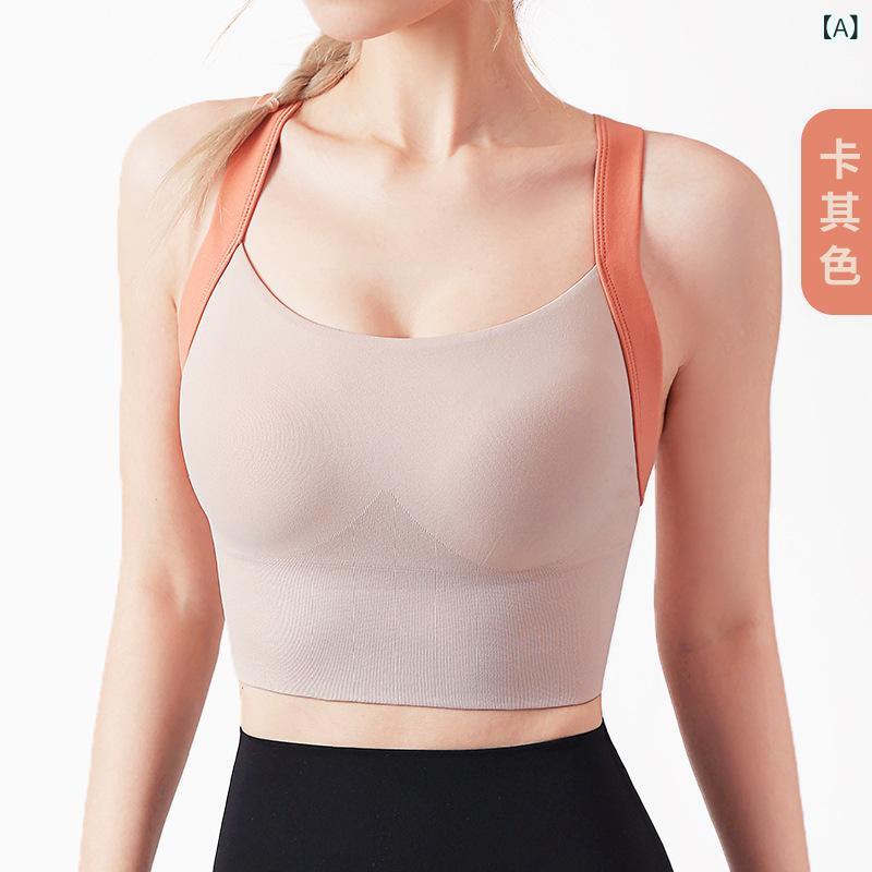 スポーツブラ 女性用 防震 ハイサポート ヨガ フィットネス ランニング 無縫 一体型 ノンワイヤー 全カップ 固定ストラップ 後ろフック ニット素材 伸縮性 吸湿速乾 通年使用 軽量 快適フィット 運動レジャー 青年向け カーキ 紫 ブラック S M