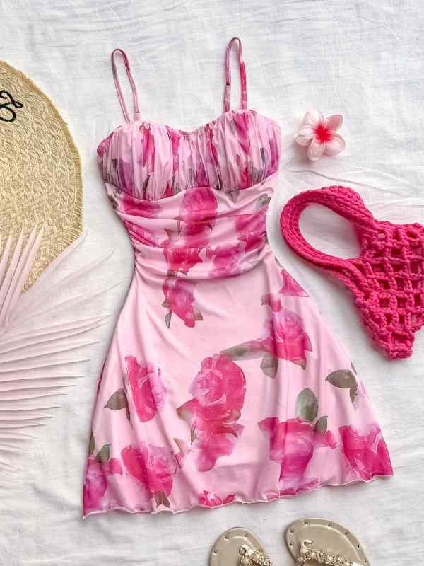 ワンピース 春夏 女性用 吊り紐 ミニ丈 Aライン スカート ピンク 花柄 プリント レース デザイン フレア 袖なし ハイウエスト レースエッジ 甘め ガーリー スタイル 少女風 チュール メッシュ 素材 ポリエステル 混 ストレッチ 吸湿速乾 軽量