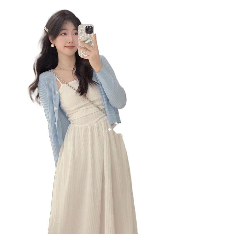 レディース 春夏 セットアップ 吊り紐ワンピース 防晒ロングスカート 薄手 接触冷感 収腰 切り替え 純色 プリーツ ボタン 気質 通勤 都市 カジュアル スタイル 優良素材 内蔵ライニング 長袖 フレアスリーブ 軽量 吸湿速乾 高級感 ピュアホワイト