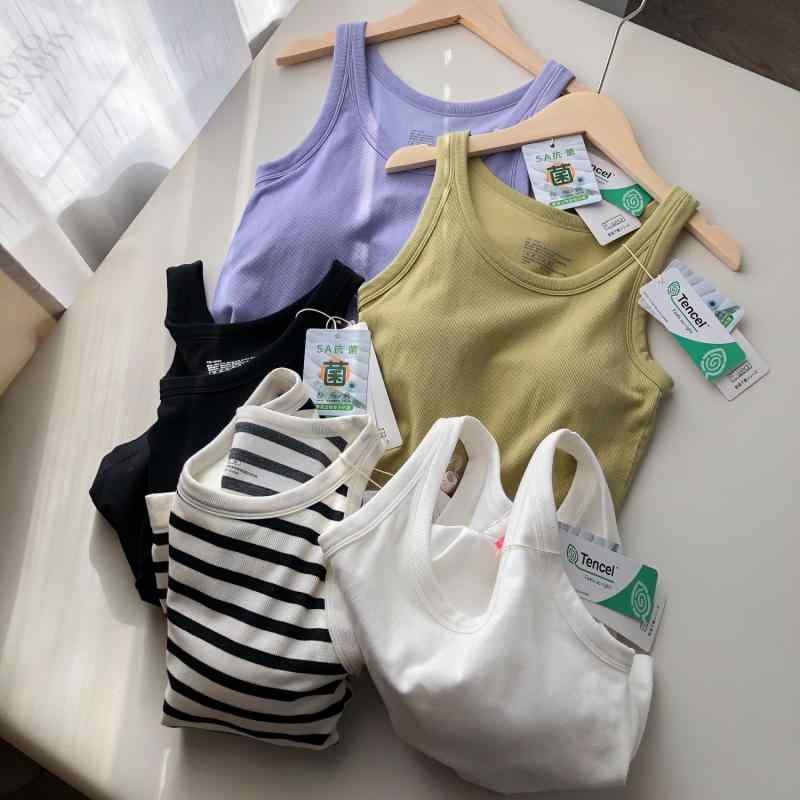 吊り下げ 背心 レディース インナー トップス モダール 綿混紡 接触冷感 吸湿速乾 伸縮性 薄手 軽量 丸首 肩細 スポーツブラ インナーウェア 部屋着 普段使い 通勤用 ゆったり シルエット ホワイト ブラック パープル グリーン ストライプ