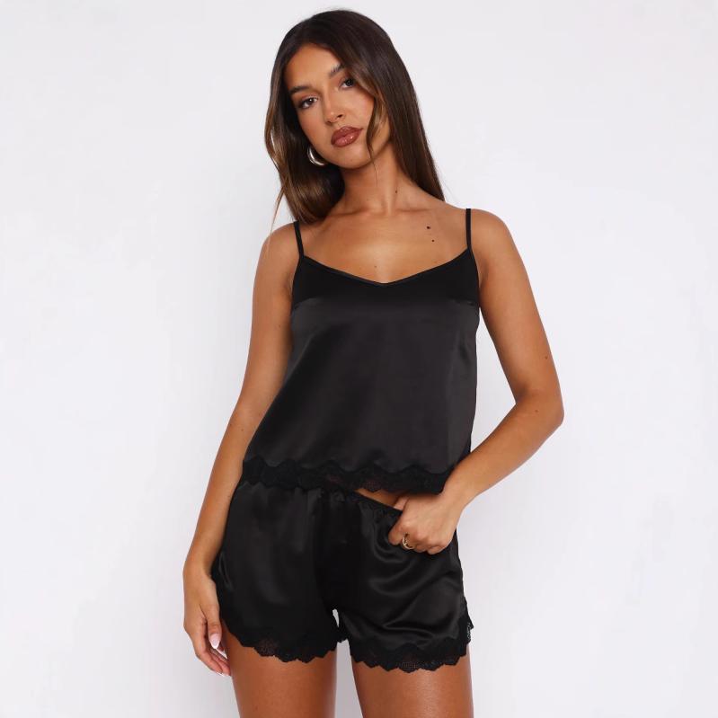 レディース セクシー 吊り紐 キャミソール ショーツ セット レース 花辺 ショートパンツ 寝間着 ルームウェア 接触冷感 ポリエステル ブラック レッド ヒョウ柄 無袖 春夏 軽量 吸湿速乾 かわいい 私服 ピュアデサイン セクシー スパイシー