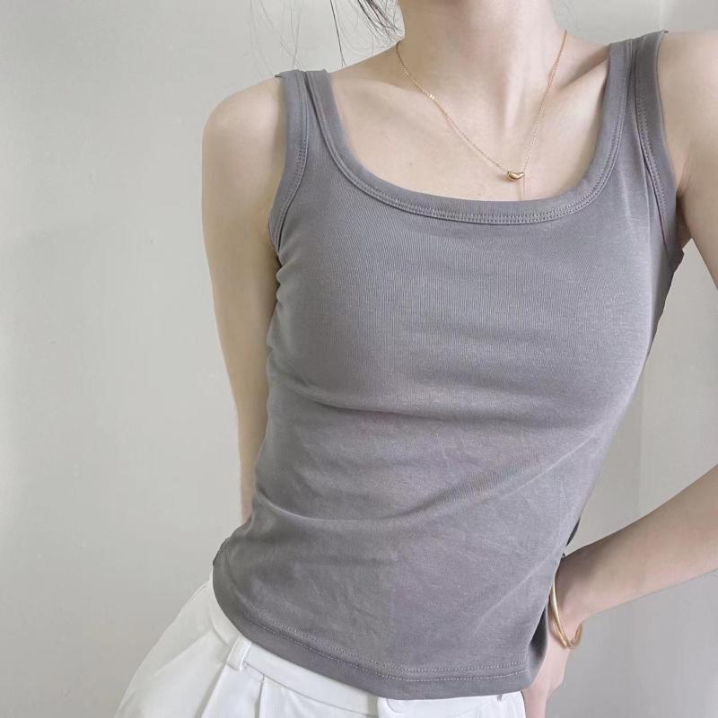 キャミソール 女性用 純綿 接触冷感 背心 螺紋素材 胸パッド内蔵 ギャザー 集める効果 ブラック ホワイト ブラウン グレー 丸首 ノースリーブ インナー トップス 軽量 通勤 普段使い 伸縮性 吸湿速乾 無縫 一体型 韓国スタイル 四季通用