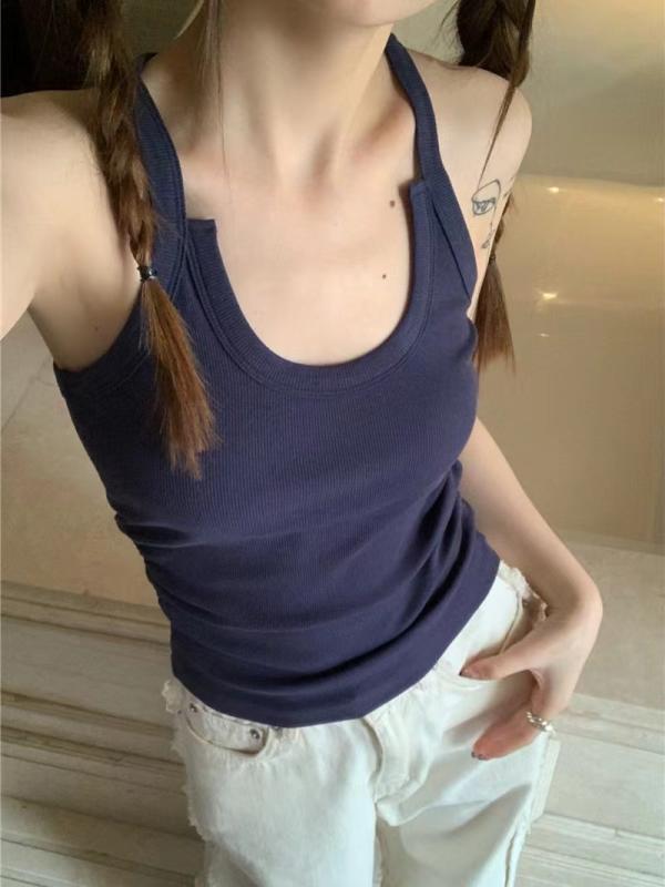 キャミソール 女性用 夏 トップス 無袖 綿 ポリエステル 中弾性 修身 スリム 少女風 清新 甘い かわいい 軽量 伸縮性 白 ネイビー ブラック 薄透け 均? 胸パッド付き 通勤 普段使い 部屋着